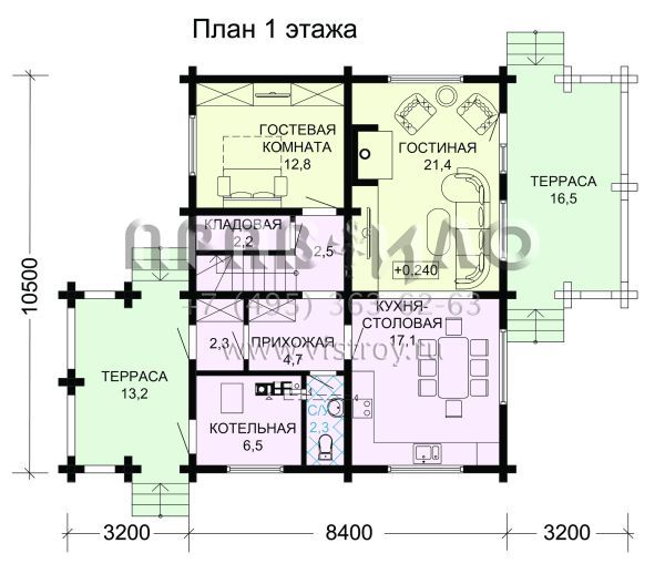 Проект дома из бруса с террасой S7-151(1-39a)