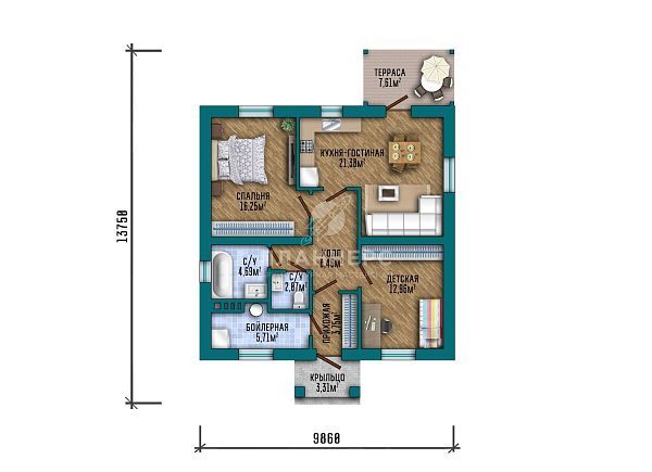 Проект компактного квадратного одноэтажного дома площадью до 100 квадратных метров с вальмовой кровлей, крытой террасой, двумя спальнями и просторной открытой зоной кухни-гостиной S2-79 (400-79-1)