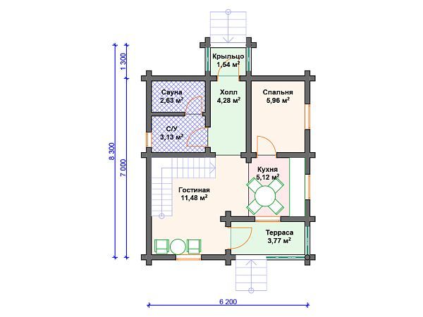 Проект деревянного дома из бревна 6 на 7 м с сауной S4-69 (ДО-041)