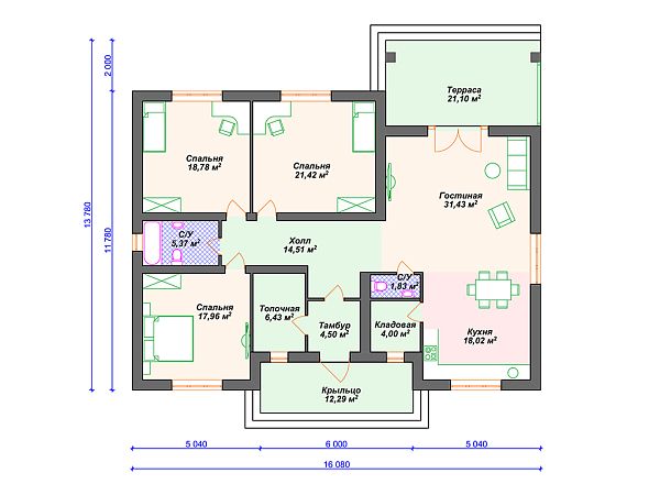 Проект одноэтажного дома с тремя спальнями и террасой S4-178 (К-382)