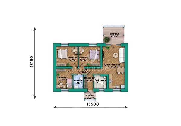 Проект одноэтажного дома 90 квадратных метров из газобетона с террасой и кирпичным фасадом S2-90 (200-90-1)