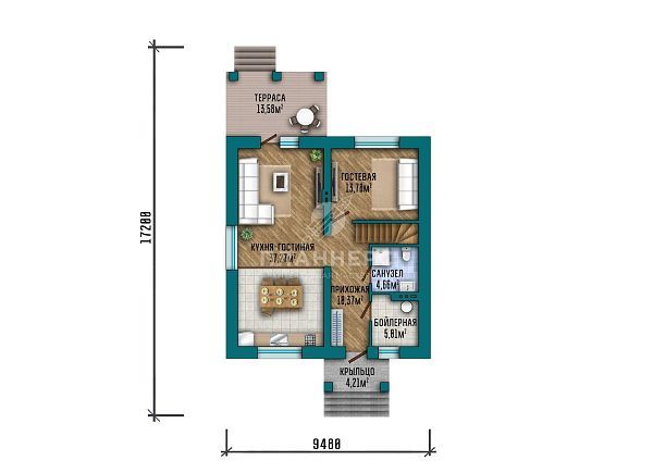 Проект квадратного двухэтажного дома с отделкой фасадов темным облицовочным кирпичом S2-156 (402-156-2)