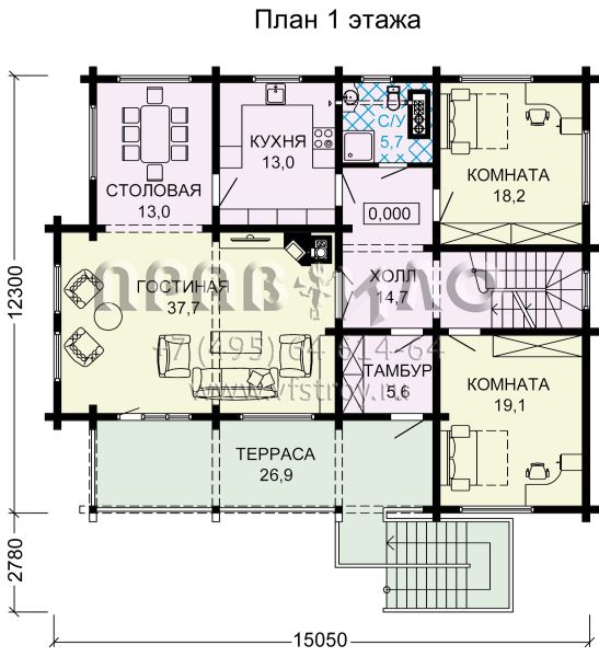 Проект дома из бруса с монолитным цокольным этажом S7-409 (1-28а)
