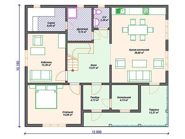 Проект каркасного дома с 3 спальнями, сауной и террасой S4-144 (И-060)