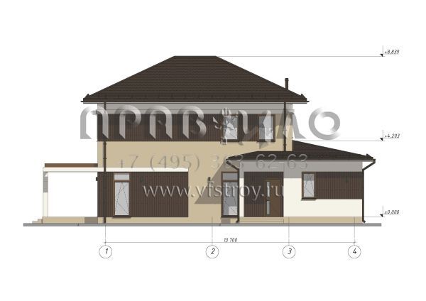 Проект современного двухэтажного коттеджа с 4 спальнями S-166