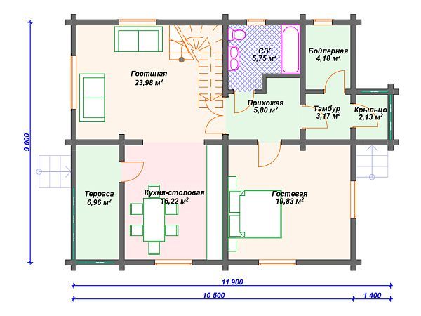 Проект деревянного дома с 3 спальнями и террасой S4-170 (ДС-035)