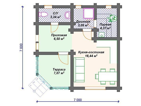 Проект деревянного дома из бревна 7 на 7 м сауной S4-80 (ДО-069)