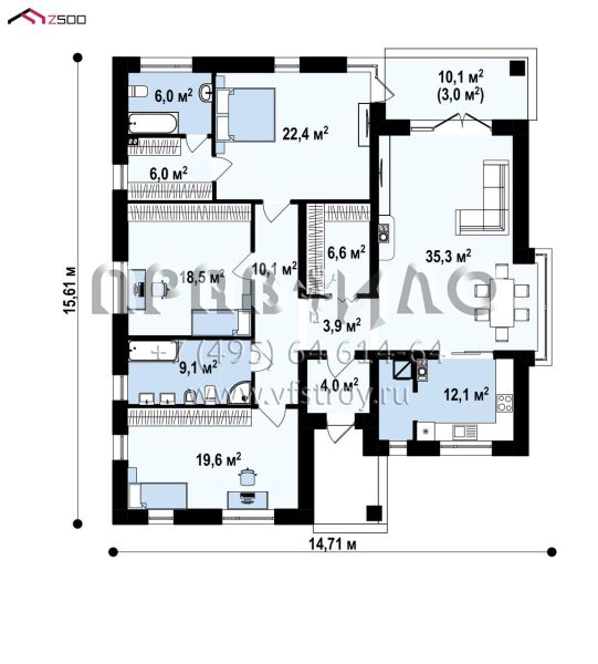 Проект четырехкомнатного одноэтажного дома с камином и с террасой S3-154-3 (Z200 BG v2)