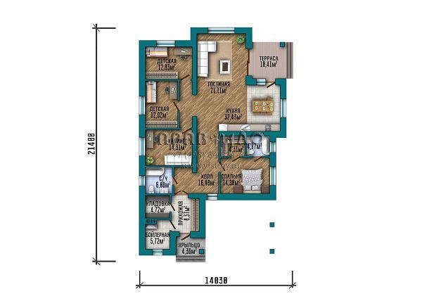 Проект вытянутого одноэтажного дома с эркером, террасой под общей кровлей и навесом для автомобиля S2-136 (302-136-1Г)
