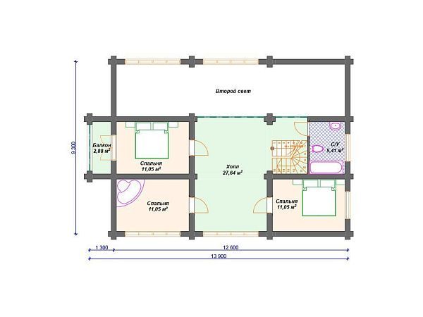 Проект деревянного дома из бревна 9 на 18 м с 3 спальнями S4-222 (ДО-117)