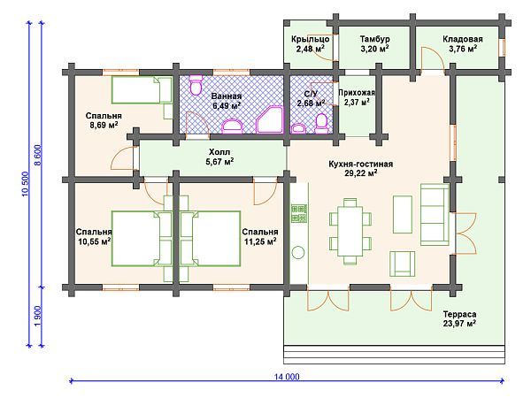 Проект одноэтажного дома с 3 спальнями S4-110 (ДС-124)
