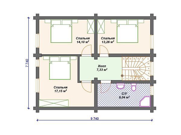 Проект деревянного дома из бревна 8 на 10 м с 3 спальнями S4-131 (ДО-144)