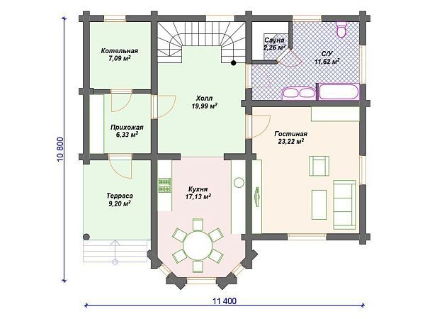 Проект деревянного дома из бревна 11 на 11 м с 3 спальнями и эркером S4-192 (ДО-127)