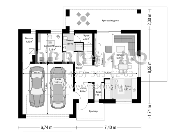 Проект современного одноэтажного дома с мансардой, гаражом на два автомобиля и террасой над ним S8-204 (Фокстрот)
