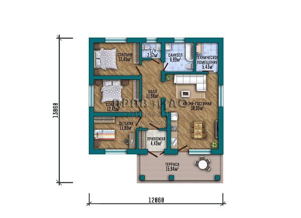Проект компактного одноэтажного дома с вальмовой кровлей S2-115 (336-115-1)