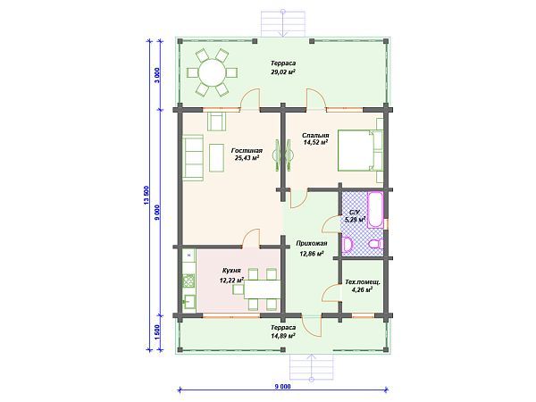 Проект деревянного дома с террасой S4-198 (ДС-034)