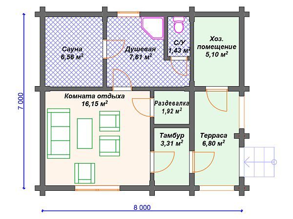 Проект деревянной бани SB4-44 (Б-041)