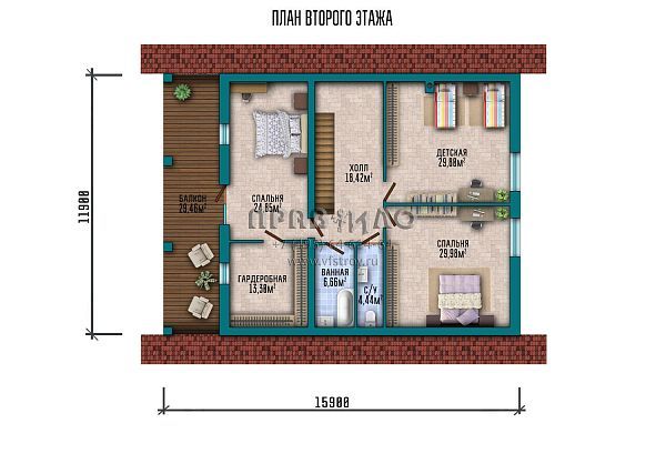 Проект дома с мансардой под двускатной крышей, широким балконом и террасой S2-321 (237-321-1М)