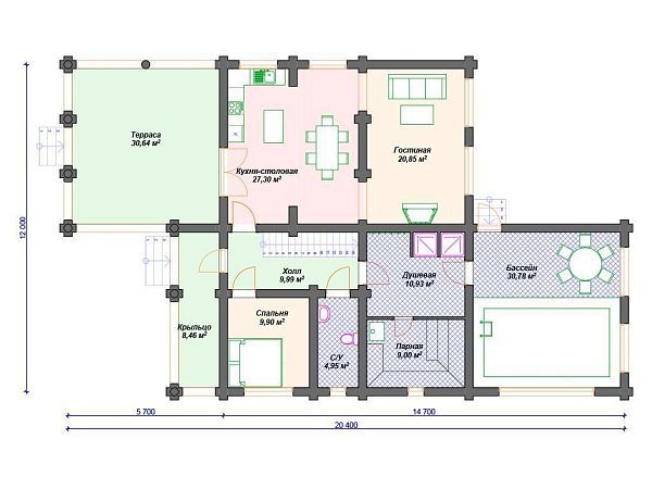 Проект деревянного дома из бревна 12 на 15 м с бассейном и сауной S4-234 (ДО-113)