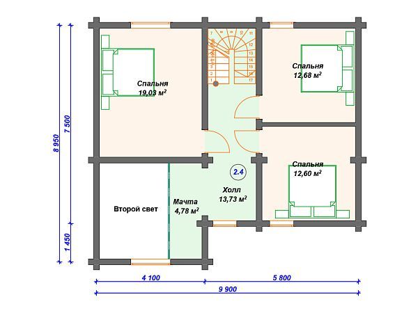 Проект деревянного дома из бревна 9 на 10 м с 3 спальнями S4-135 (ДО-018)