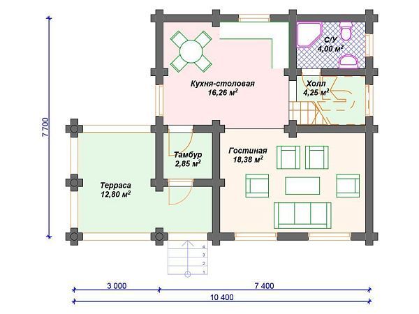 Проект деревянного дома из бревна 8 на 10 м с террасой S4-101 (ДО-051)
