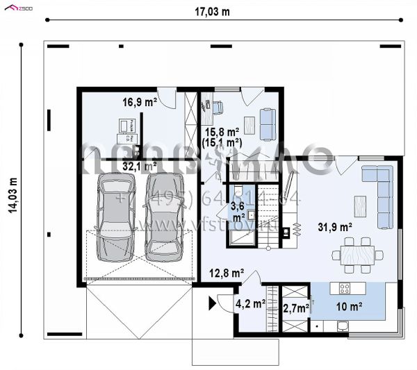Проект стильного современного дома с большой террасой и с двухместным гаражом S3-206-9 (Zx156)