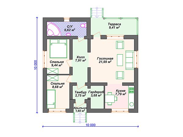 Проект одноэтажного дома с 2 спальнями и террасой S4-80 (К-375)