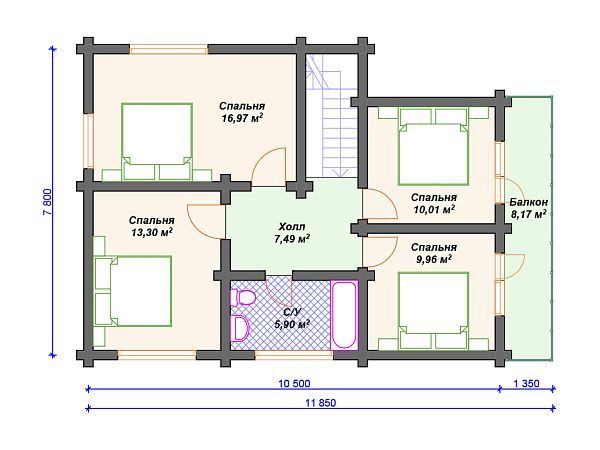 Проект деревянного дома из бревна 8 на 10 м с мансардой S4-141 (ДО-036)