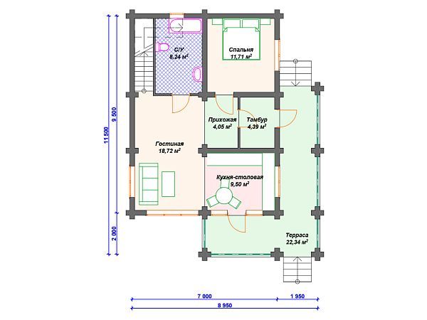 Проект деревянного дома из бревна 9 на 11 м с террасой S4-136 (ДО-020)