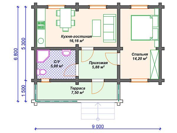 Проект одноэтажного дома с террасой S4-50 (ДС-107)