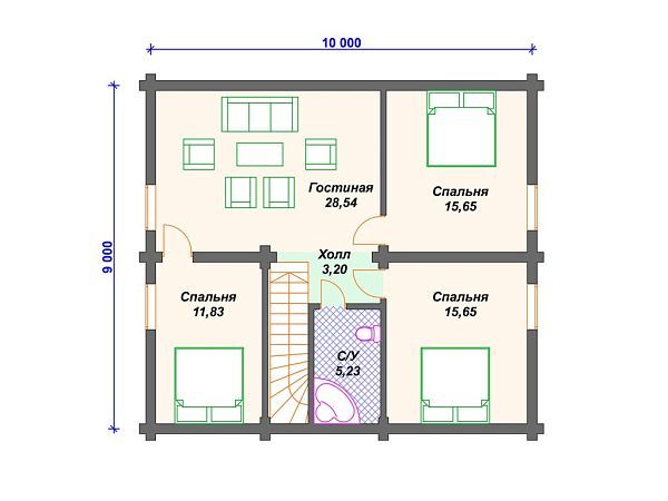 Проект деревянного одноэтажного дома из бревна для узкого участка 10 на 13 S4-143 (ДО-008)