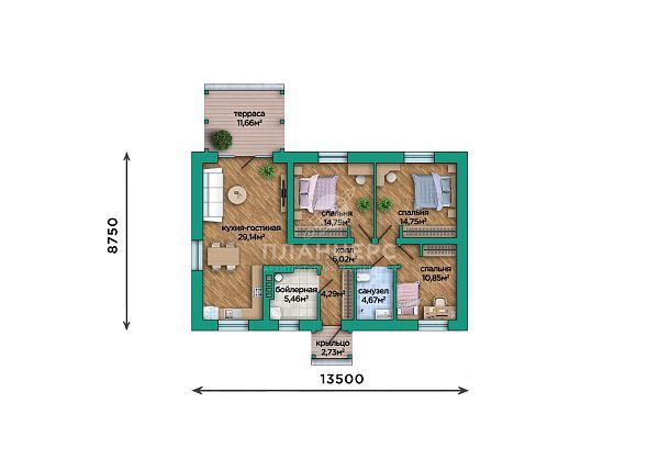 Проект из газобетона с террасой и оштукатуренным фасадом S2-90 (559-90-1)