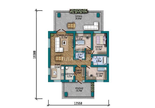 Проект квадратного одноэтажного дома в стиле Райт с высокими панорамными окнами S2-130 (411-130-1)