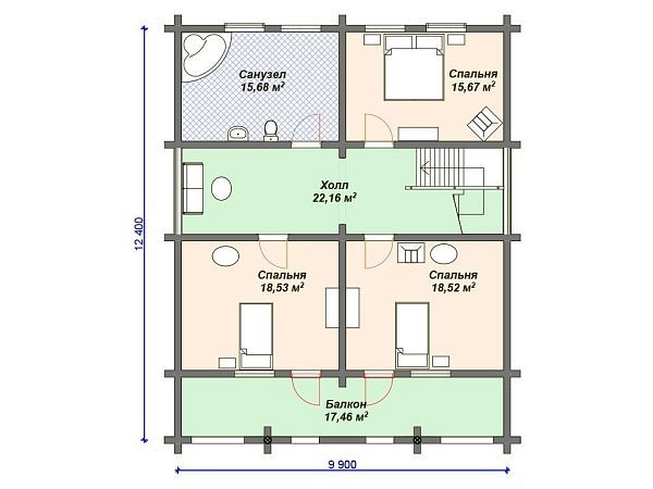 Проект деревянного дома из бревна 12 на 14 м с 3 спальнями S4-231 (ДО-075)