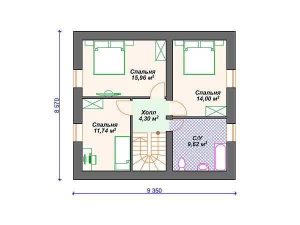 Проект дома с мансардой, 4 спальнями и верандой S4-132 (К-374)