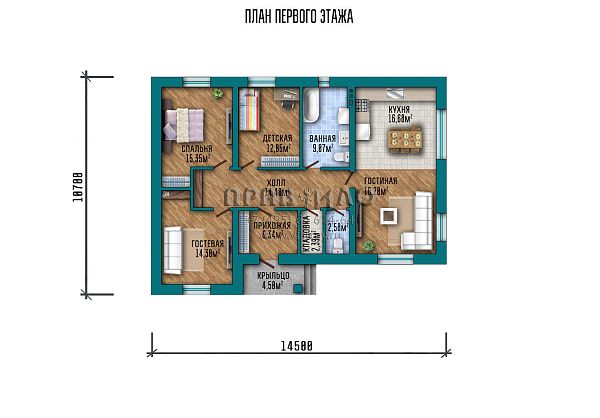 Проект классического одноэтажного дома с крыльцом и тремя спальнями S2-112 (217-112-1)