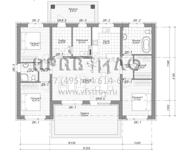 Проект одноэтажного дома с тремя спальнями S-104