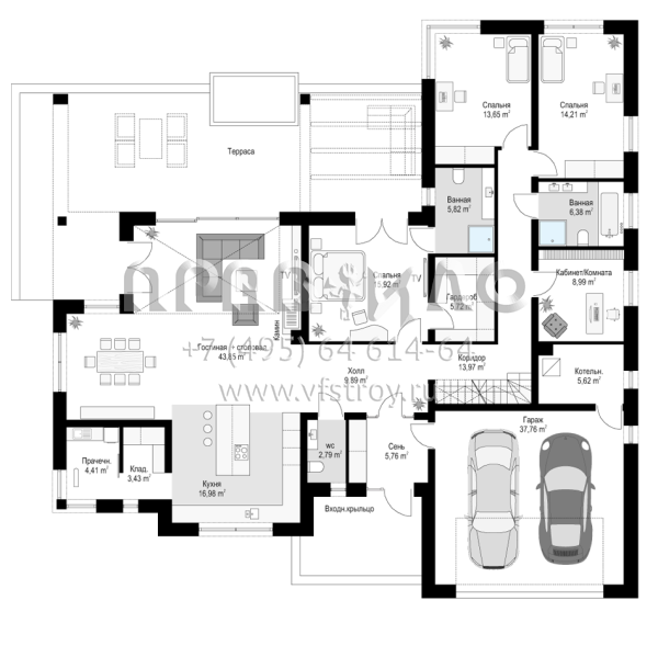 Проект одноэтажного дома с большой террасой и гаражом на два автомобиля S8-280-3 (Одноэтажная Вилла)