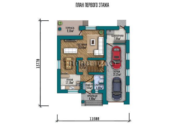 Проект небольшого дома с мансардным этажом и гаражом на 2 авто S2-198 (120-198-1МГ)