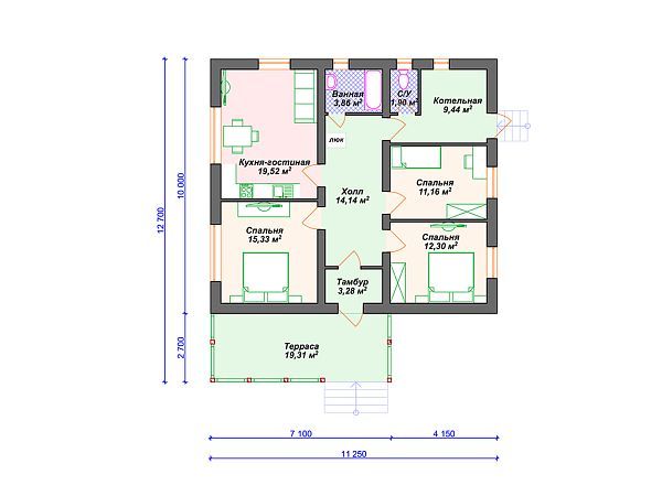 Проект одноэтажного дома с 3 спальнями и террасой S4-110 (К-317)