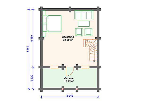 Проект деревянного дома из бревна 6 на 8 м с балконом и террасой S4-93 (ДО-014)
