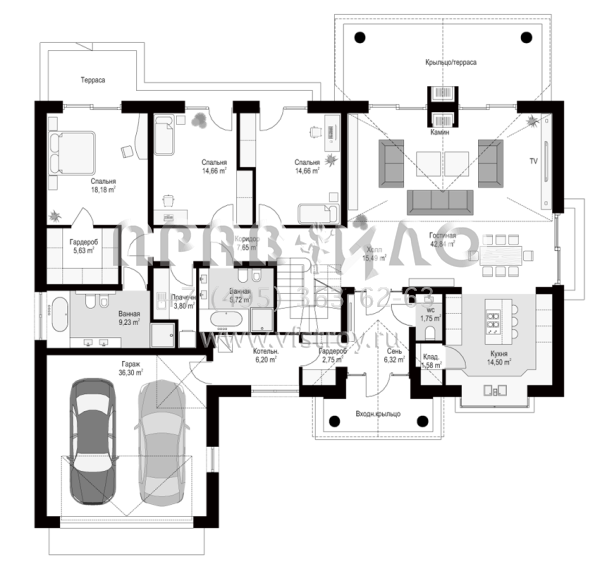 Проект современной одноэтажной виллы с мансардным уровнем и гаражом на два автомобиля S8-335-1 (Парковая Вилла 4)