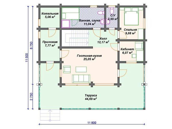 Проект деревянного дома из бревна S4-173 (ДО-148)