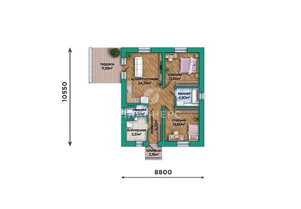 Проект компактного одноэтажного дома с оштукатуренным фасадом S2-70 (460-70-1)