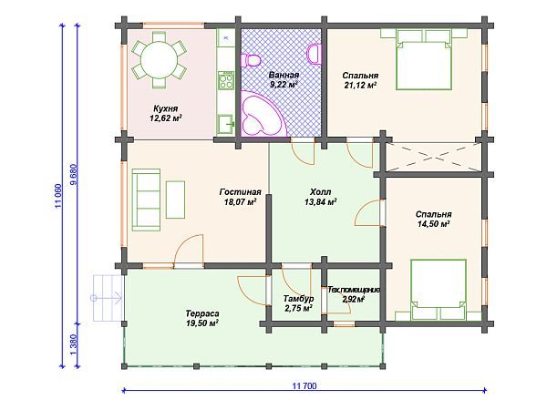 Проект одноэтажного деревянного дома с террасой S4-115 (ДС-087)