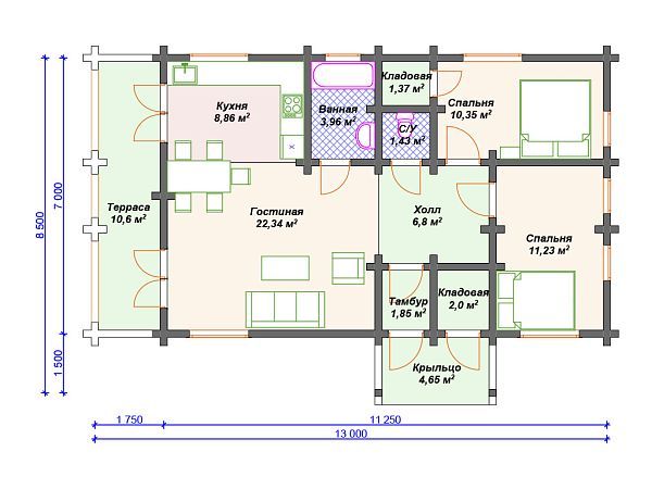 Проект одноэтажного дома для узкого участка S4-85 (ДС-085)