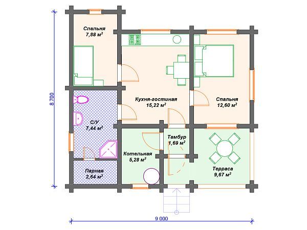 Проект одноэтажного дома с сауной S4-62 (ДС-105)