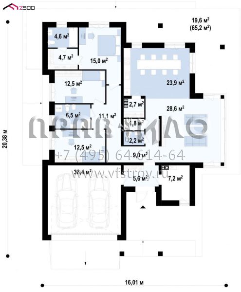 Проект комфортабельного одноэтажного дома с тремя спальнями, большой гостиной и гаражом на две машины S3-186-2 (Z425)
