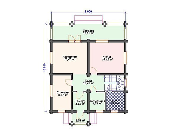 Проект деревянного дома из бревна 9 на 10 м с 3 спальнями S4-173 (ДО-164)