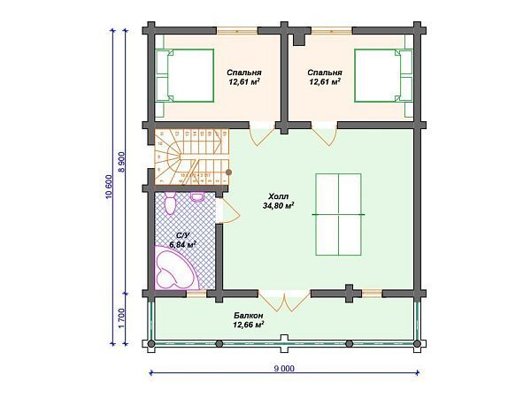 Проект деревянного дома из бревна 9 на 9 с 3 спальнями S4-165 (ДО-103)